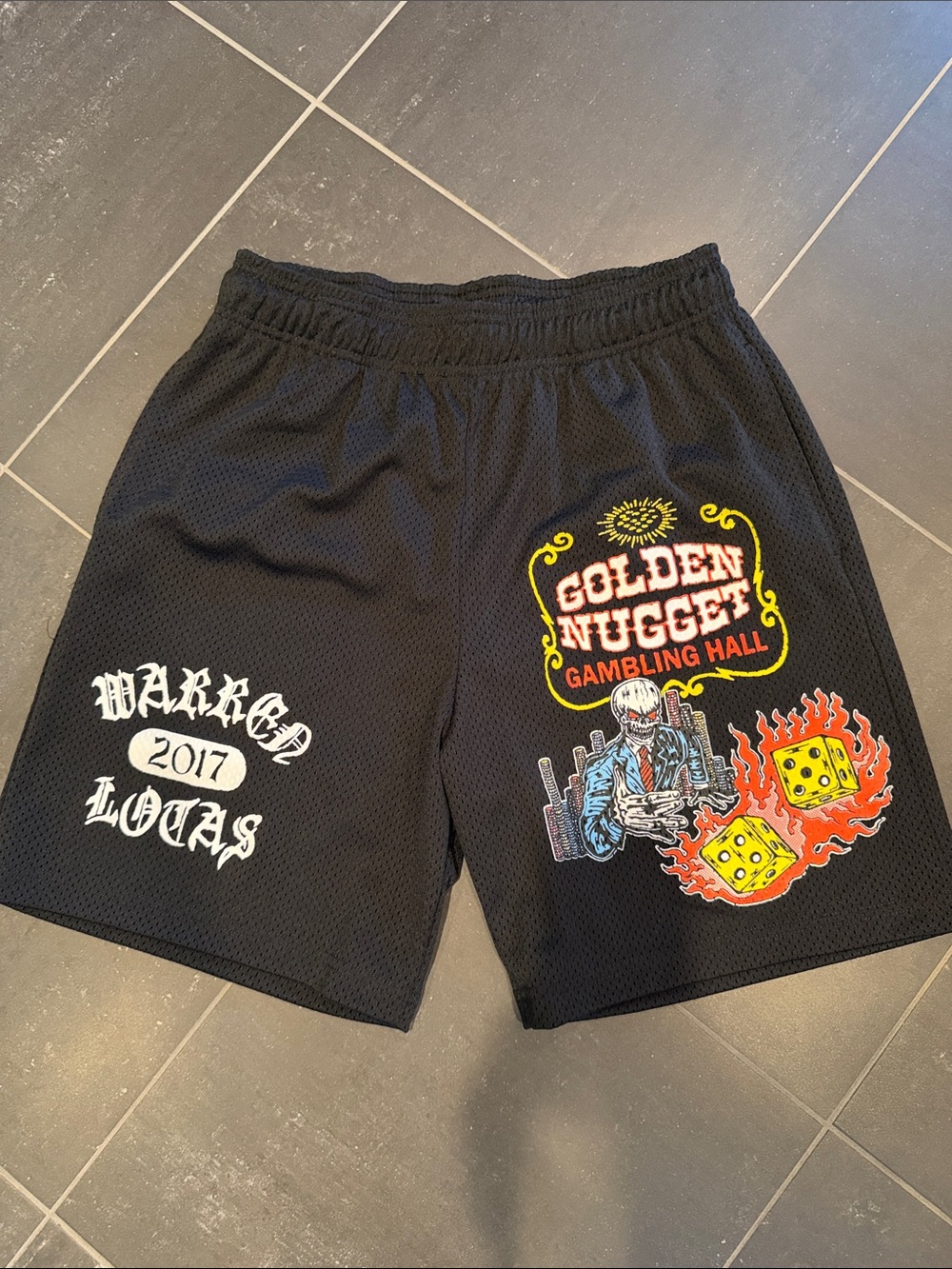 Warren Lotas Black Graphic Men's Mesh Shorts with Golden Nugget Design size S